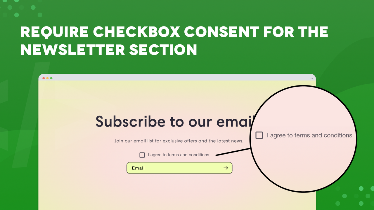 The terms and conditions appears in a newsletter checkbox