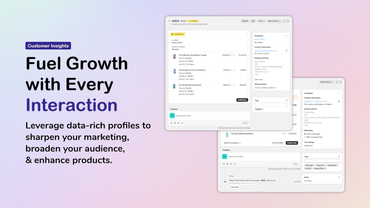 Quiz based order and customer data - target after sale marketing