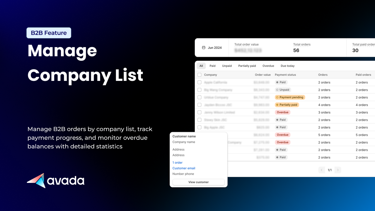 Manage B2B orders by company list, track payment, balances