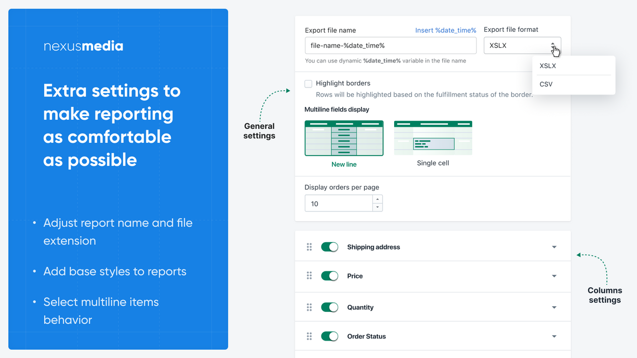 Create unlimited columns with any order information to export