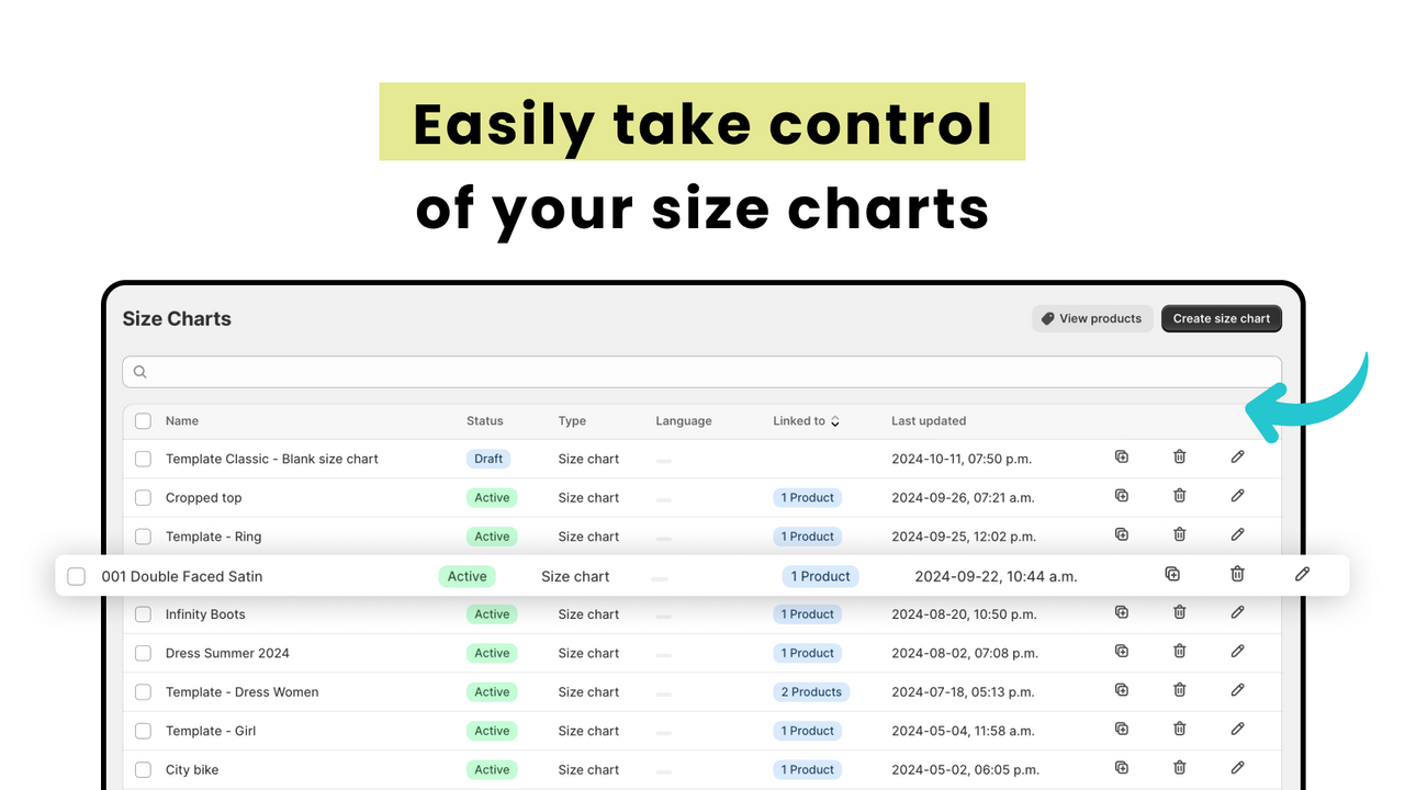 Interface for managing and updating size charts for products.