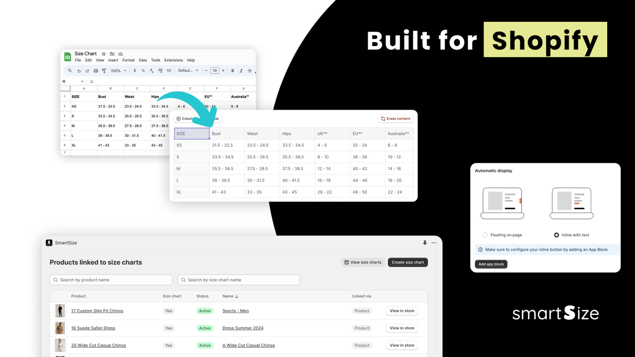 Size chart creation features, designed for Shopify integration.