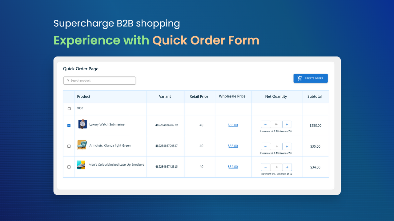 Quick order page for b2b wholesalers