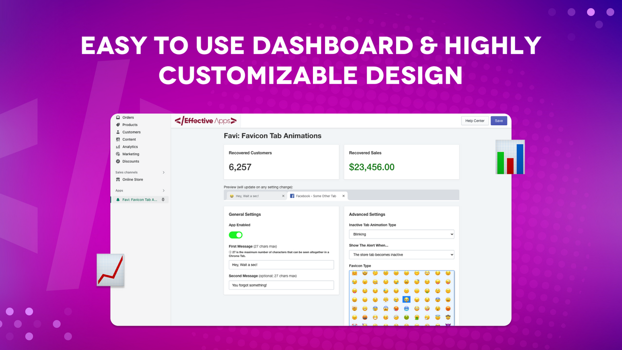 The dashboard of the app with sales and recovered cart stats