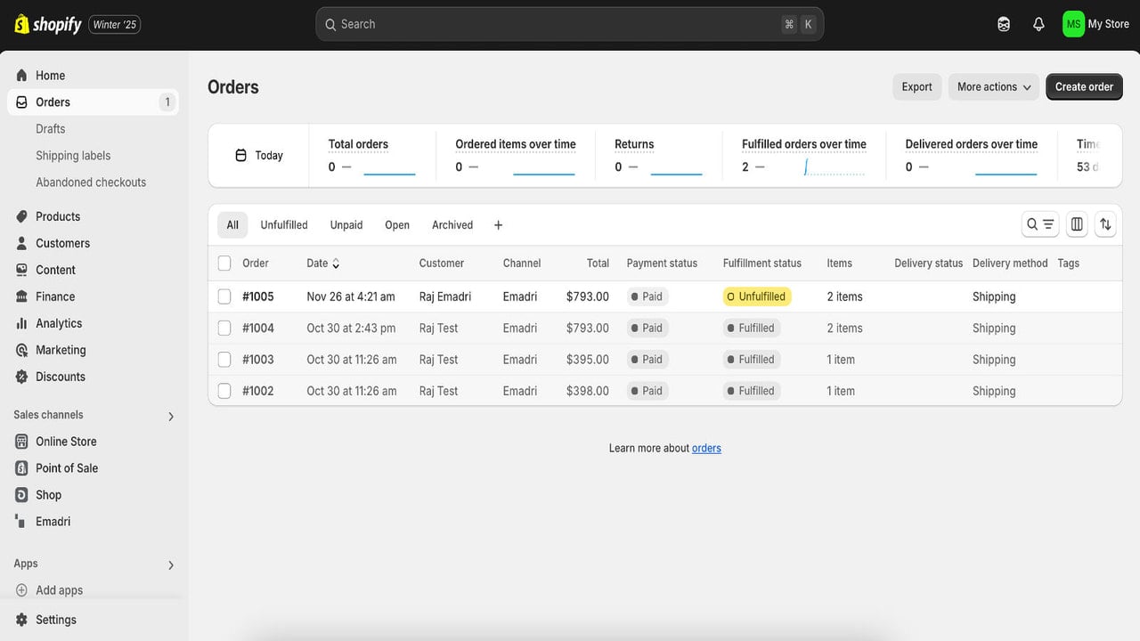 Shopify admin dashboard showing order from Emadri marketplace