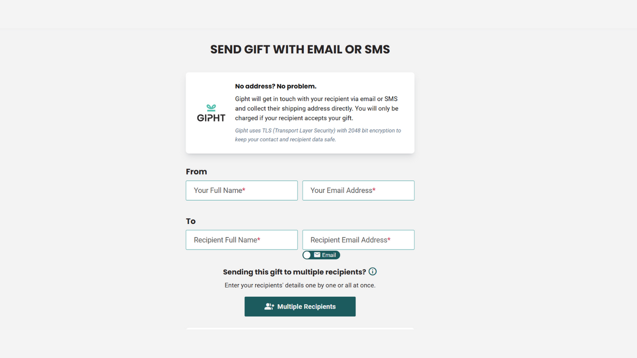 Fill out relevant info to send the gift via email/SMS