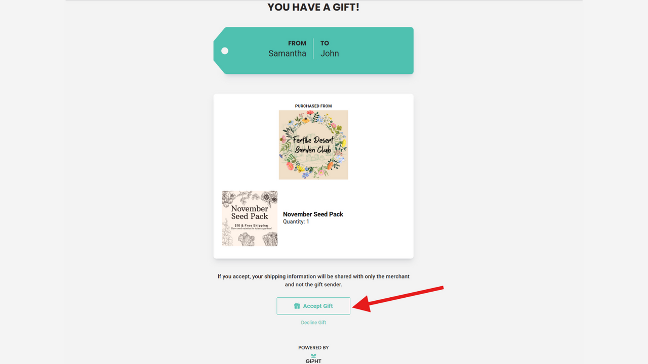 Gift recipient accepts the gift