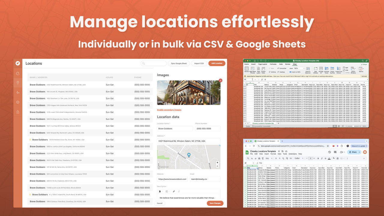 Manage locations effortlessly via CSV or Google Sheets