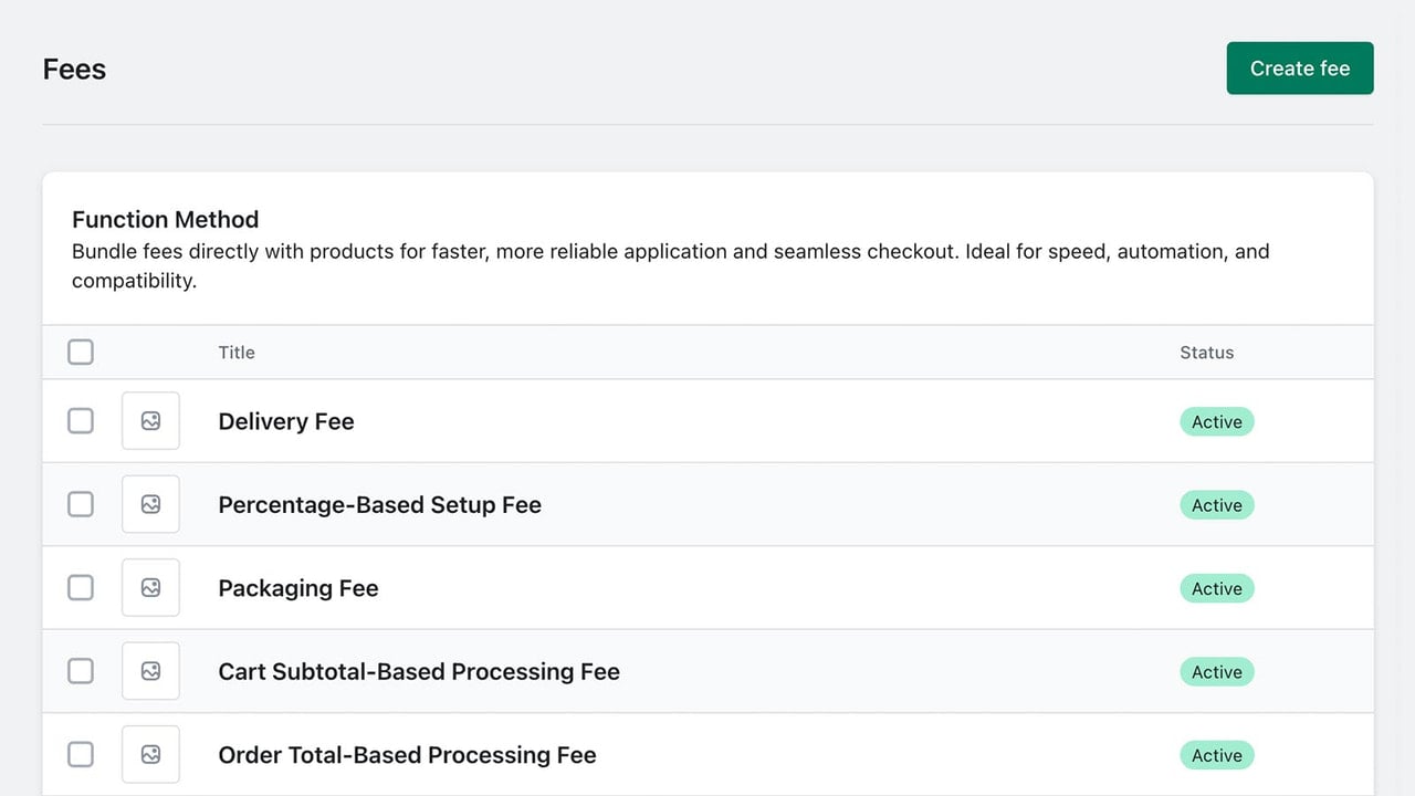 Listing of fees created in the app