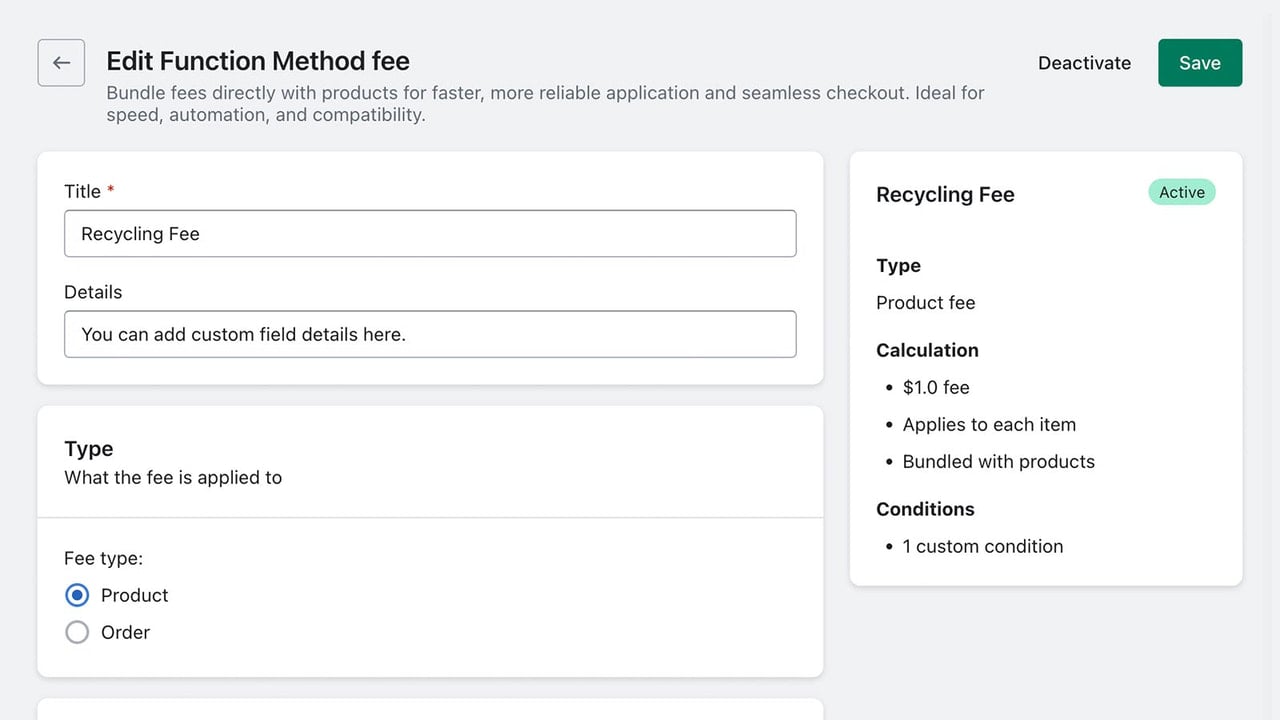 Fee editor with options for title, price, details and more