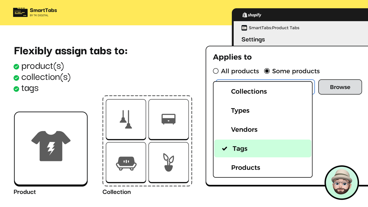 Assign tabs to a single product, product group, collection, tags