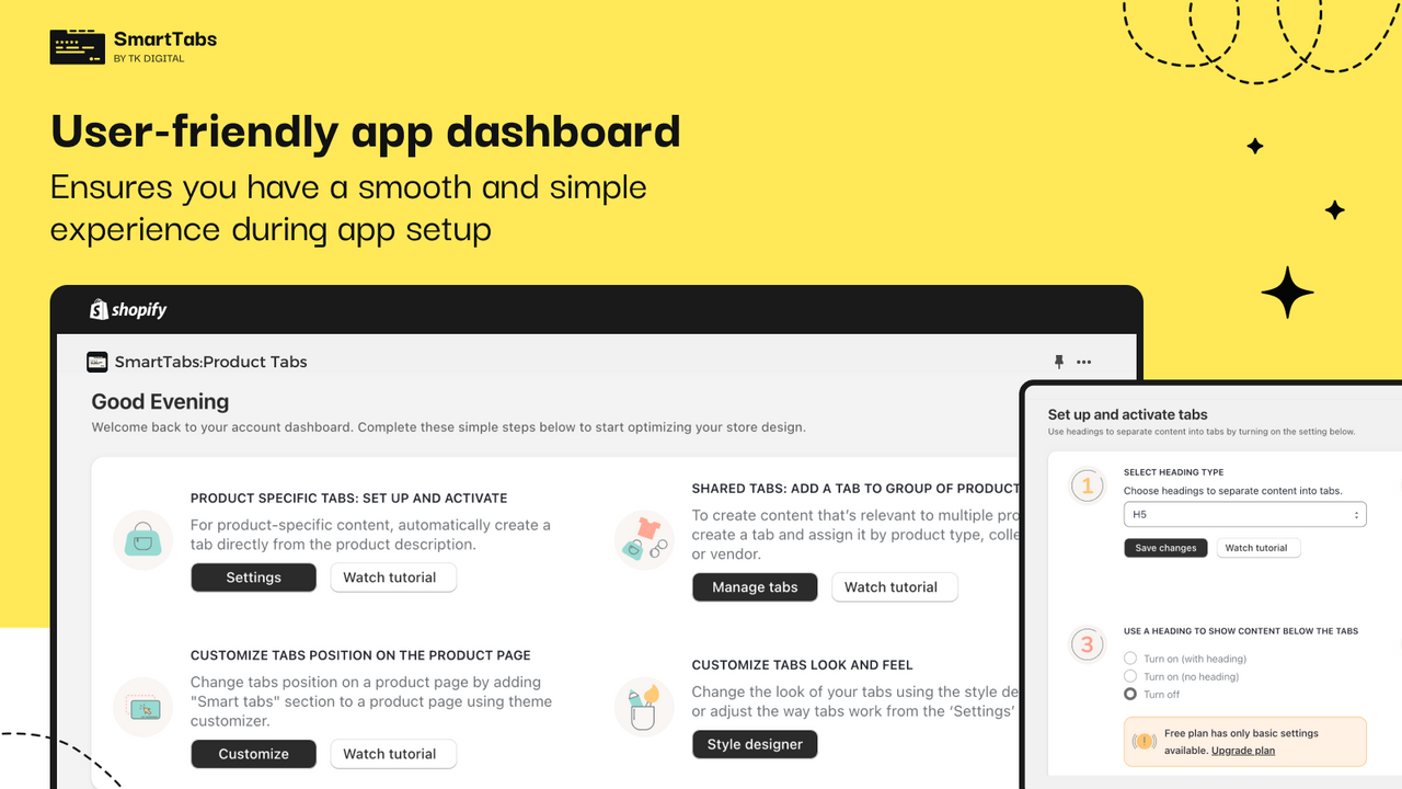 User-friendly dashboard to set up tabs for Shopify store