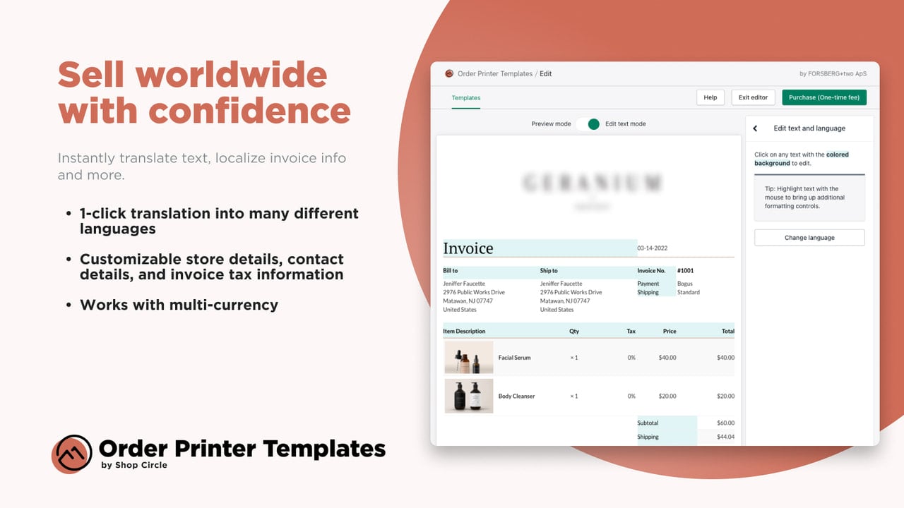 Instantly translate text, localize invoice info and more.