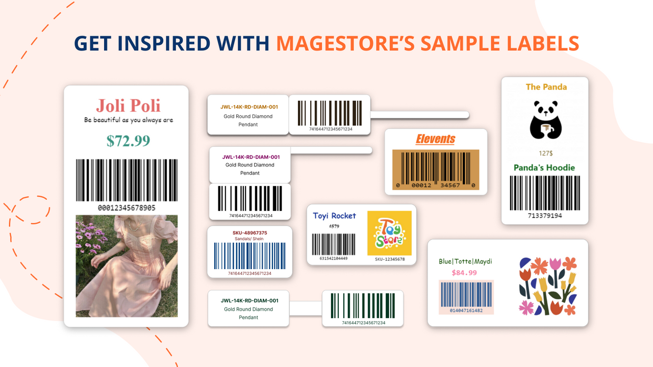 Sample barcode labels created with Magestore Barcode Generator