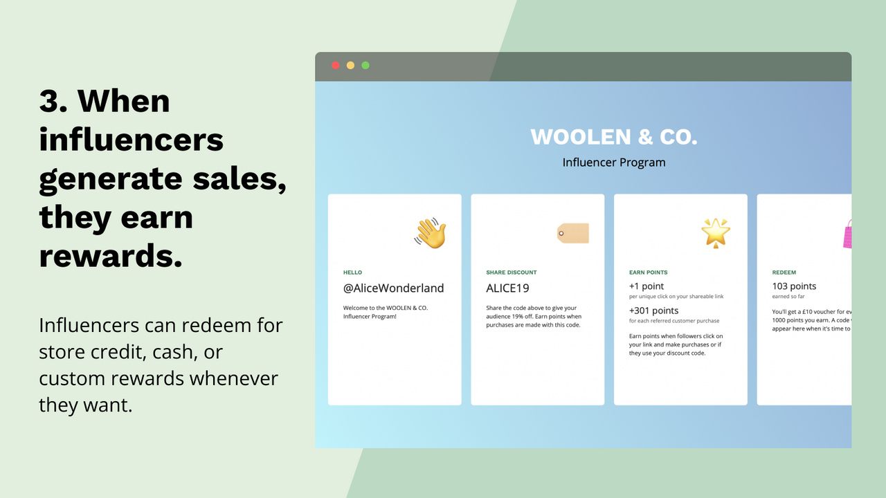 Influencers earn points and rewards when they refer sales.