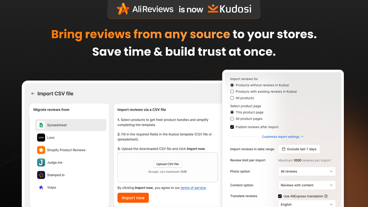Kudosi - Ali Reviews import reviews by CSV, from Zopi, Dsers
