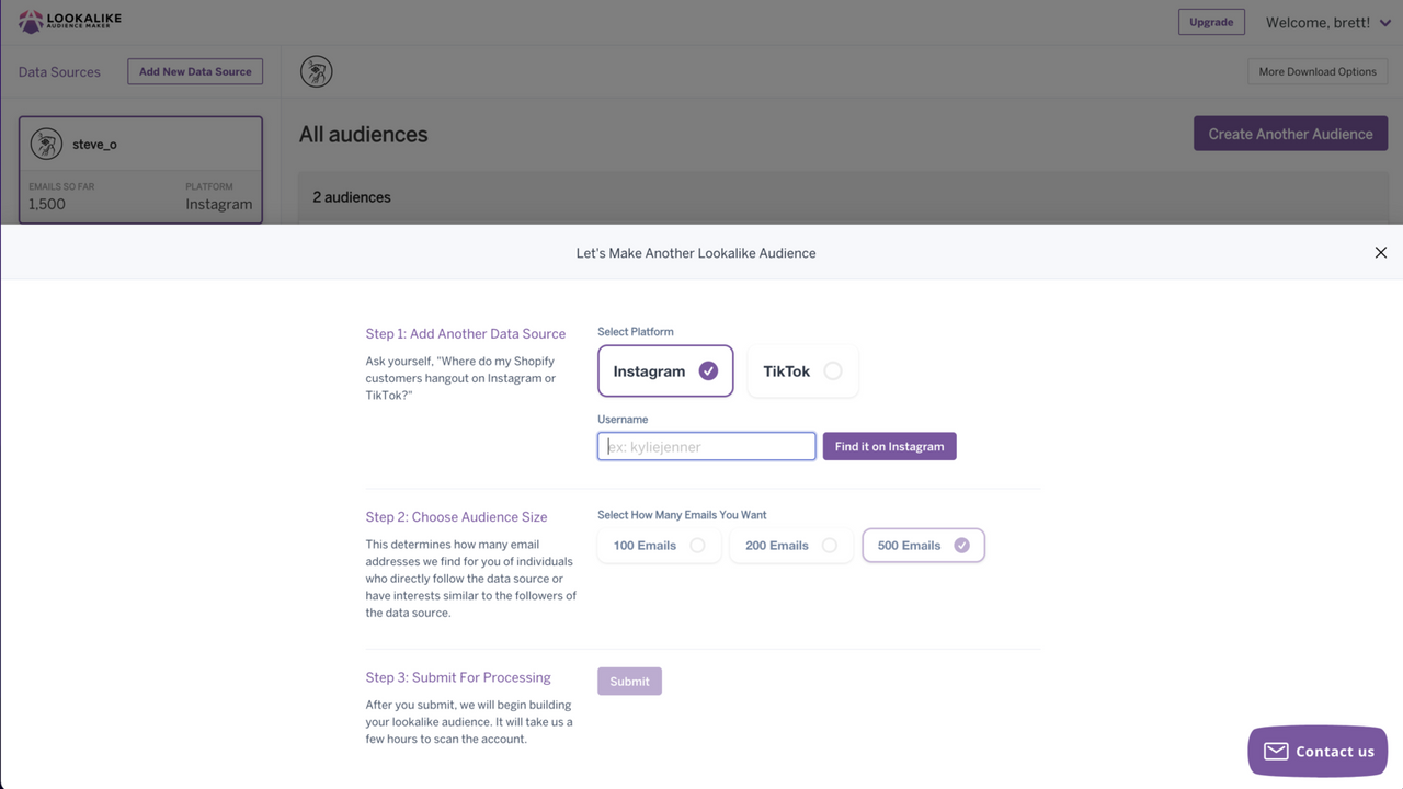 Lookalike Audience Maker Add IG or TikTok Account