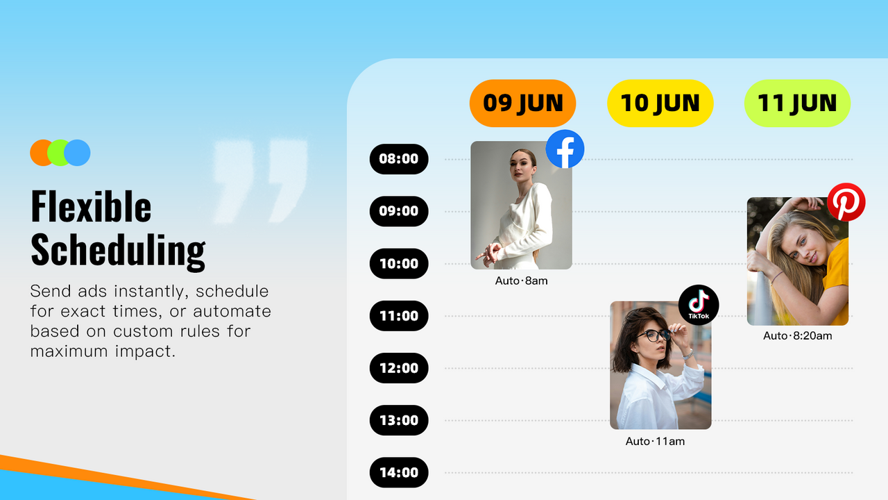 Flexible scheduling, send ads instantly, schedule or automate