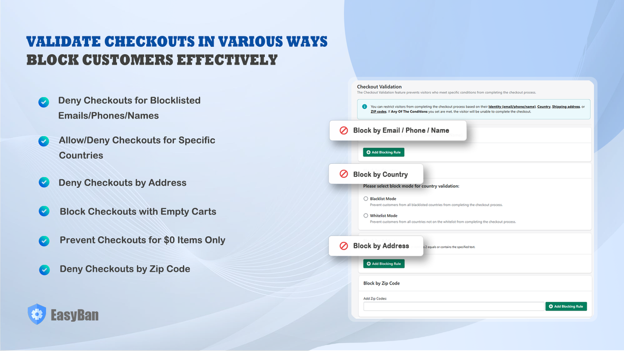 Validate checkouts in various ways, block customers effectively