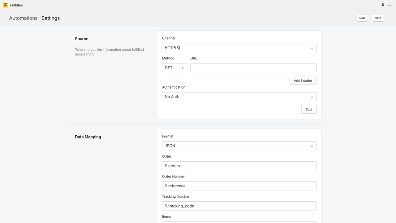 Fulfillment Automation Settings - HTTP and JSON (REST API)