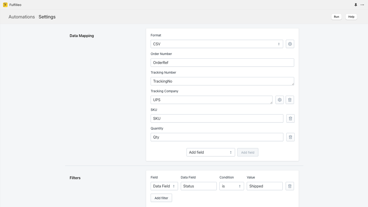 Fulfillment Automation Settings - CSV Data Mapping and Filtering