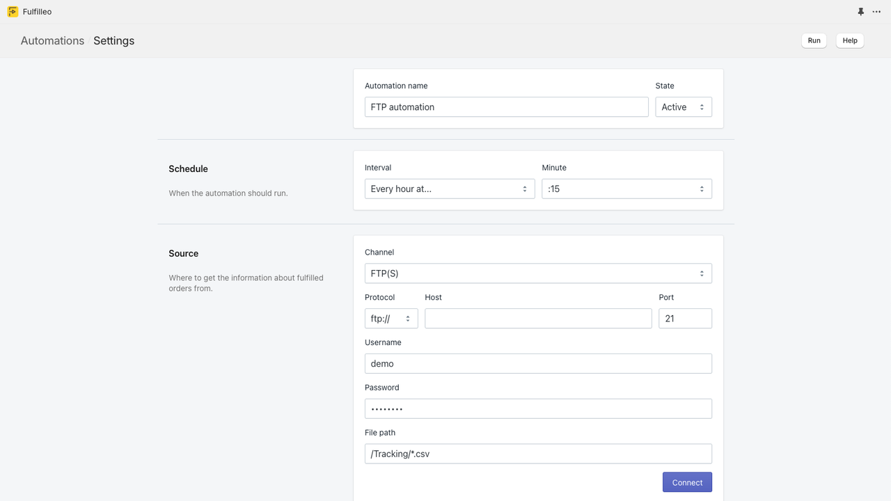 Fulfillment Automation Settings - FTP Connection