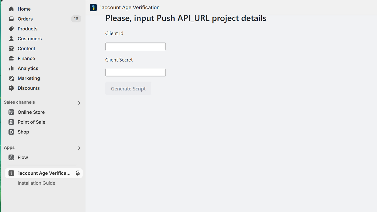 The app interface used to set up an API age verification project